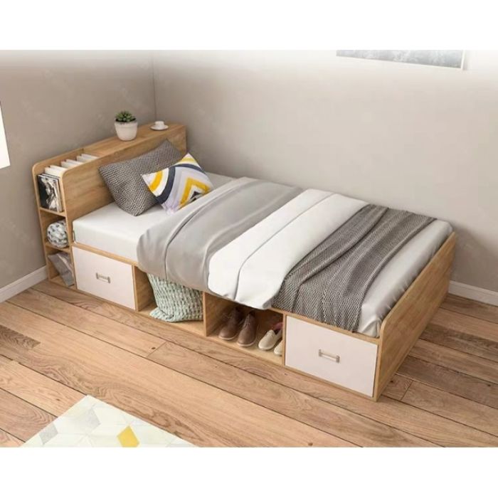 Mẫu giường đơn gỗ công nghiệp kết hợp với tủ gầm và kệ đầu giường