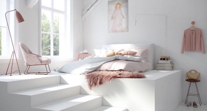 Bộ giường ngủ màu trắng tạo cảm giác sạch sẽ, thoáng mát
